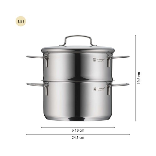 Mini gryta 16 cm /1,5L m. Ångkorg +Lock, Rostfritt stål Cromargan® 